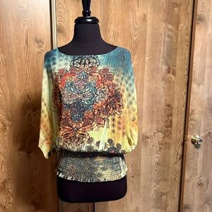Boho Print Batwing Blouse in Teal and Mustard